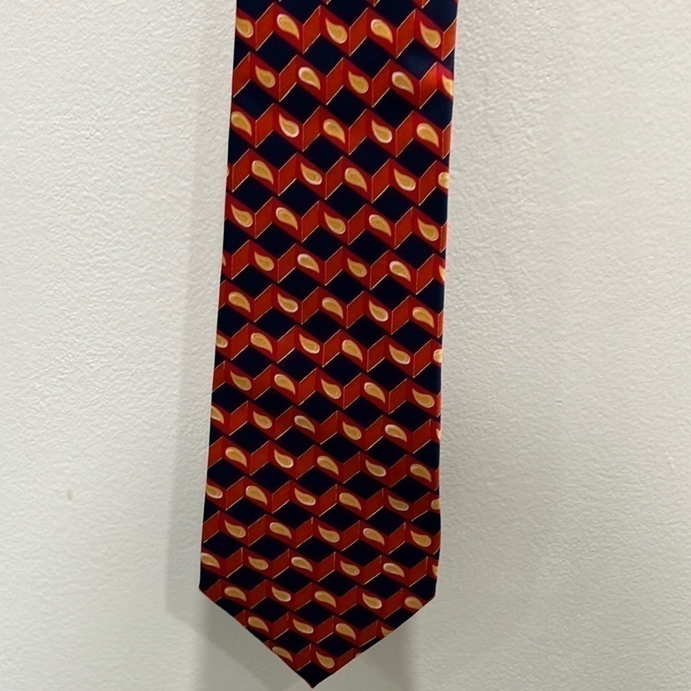 𝅺IKE Behar Mens Orange Yellow and Blue Geometric Print Silk Tie